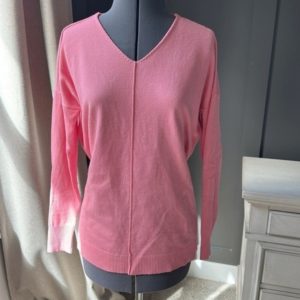 Zenana Women Pink V-Neck Long Sleeve Center Seam Knit Sweater Size S Soft Casual